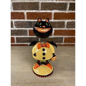 Vintage Style Spooky Hollow Halloween Black Cat Bat Wings Bobble Head Nodder 10"